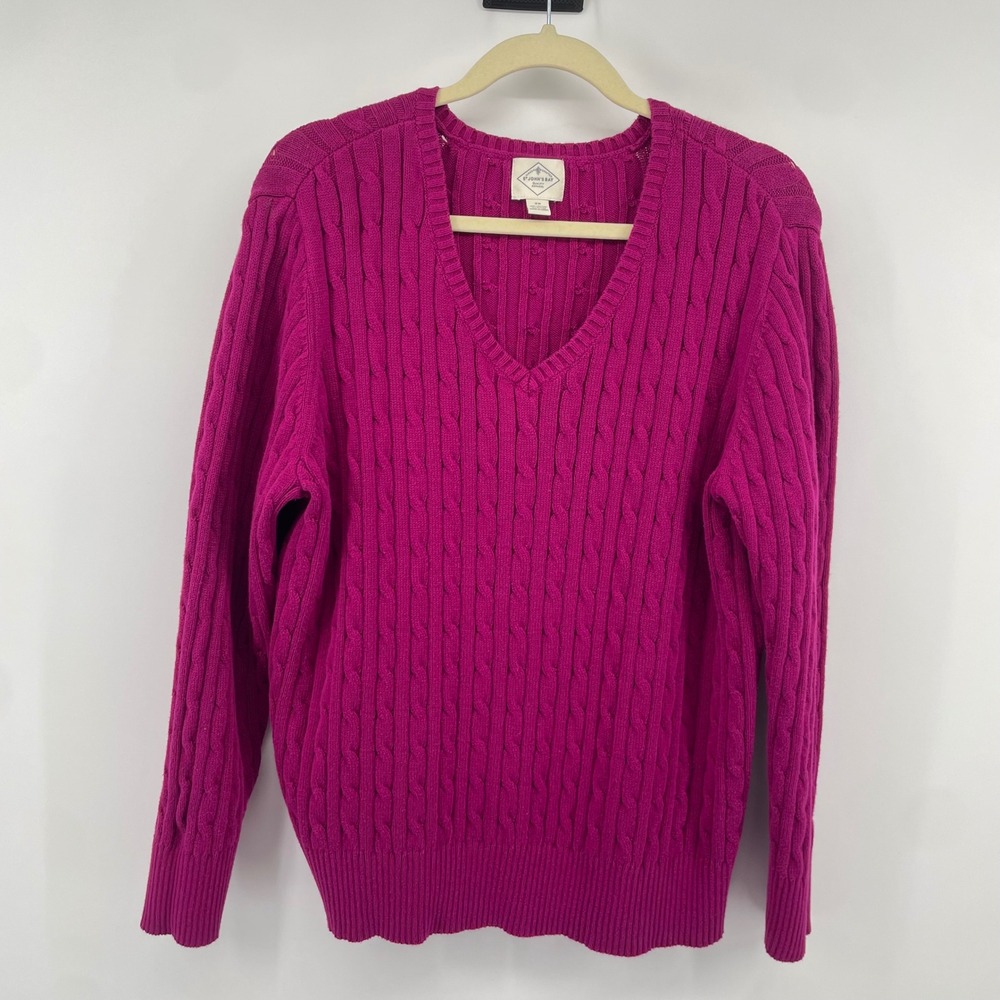 St. Johns Bay Sweater Womens 2X Magenta Pink Cable Knit V-Neck Pullover